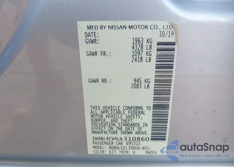 2020 Nissan Altima Sr Fwd z USA, uszkodzony, nr VIN 1N4BL4CV4LN310860